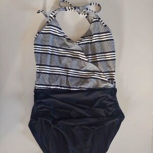 Sunn Lab Swim Women's One Piece Halter Wrap Swimsuit Black and White Size S